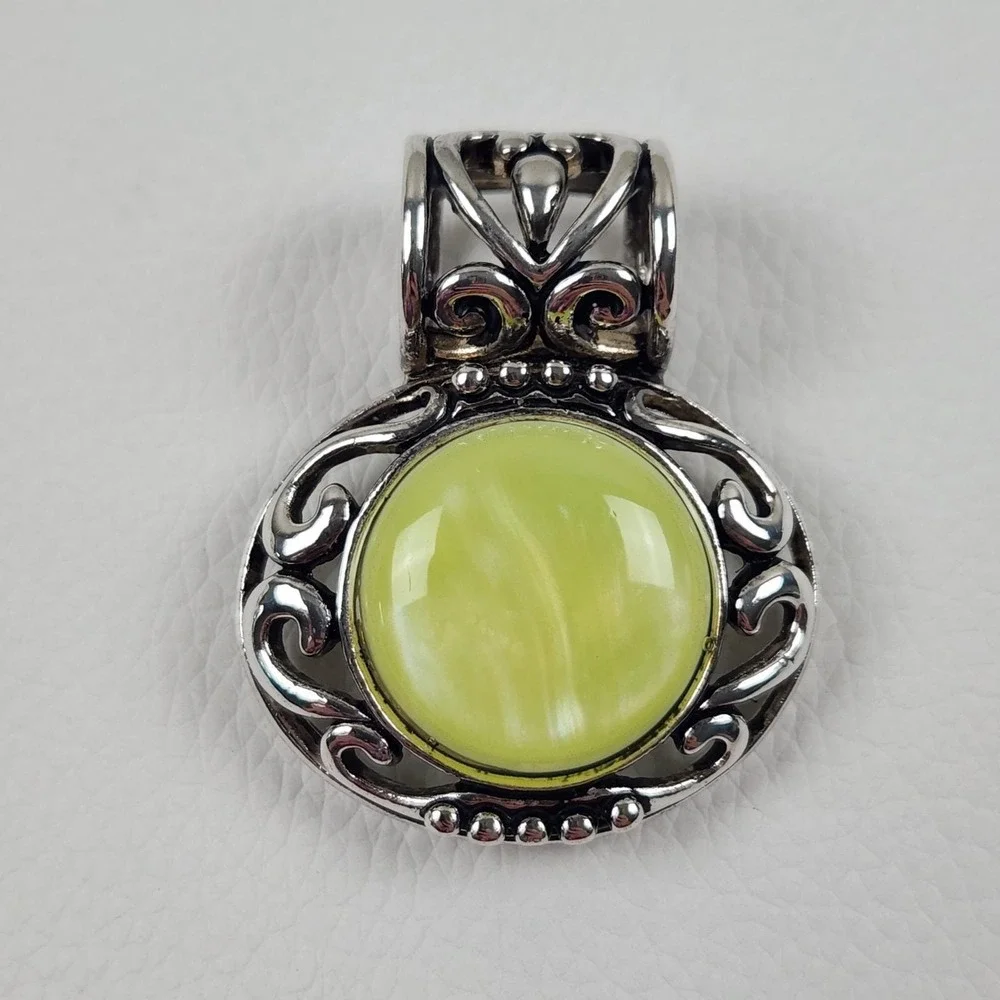 Vintage Jewelry Set Pendant and Earrings Lime Green Silver Tone Scrollwork